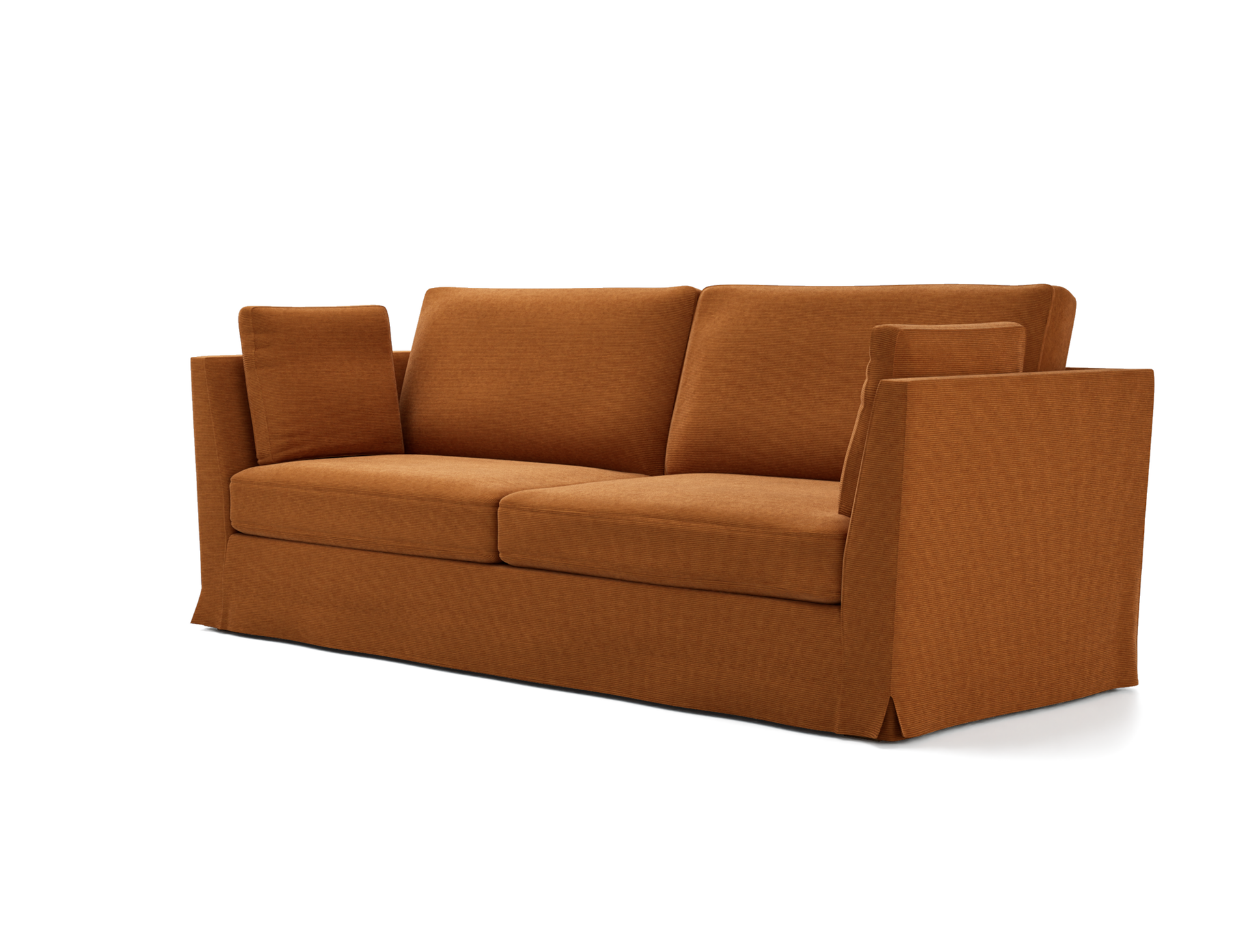This style includes 7 pieces: 1 frame cover, 2 seat cushion cover, 2 backrest covers and 2 lumbar cushion covers.  It’s designed to only fit the classic IKEA Stockholm 3,5 sofa. This model features one cover enveloping the backrest, armrests and base frame.  The cover is fastened in place along the backrest and armrests with velcro. The baseframe cover follows the armrest’s elegantly sloped profile and is finished off with a petite boxpleat.  The Minimalist cover for the IKEA Stockholm 3.5 sofa is designed to drape to the floor. The seat, backrest and lumbar cushions have individual covers.